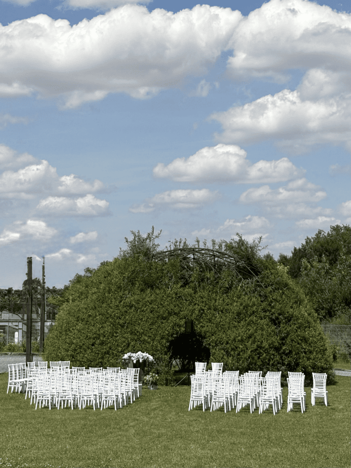 Freie Trauung 1 Außenaufnahme einer Hochzeitslocation für eine Trauung im Freien mit weißen Stühlen auf einer Wiese vor einer grünen Heckenkuppel unter blauem Himmel mit Wolken.